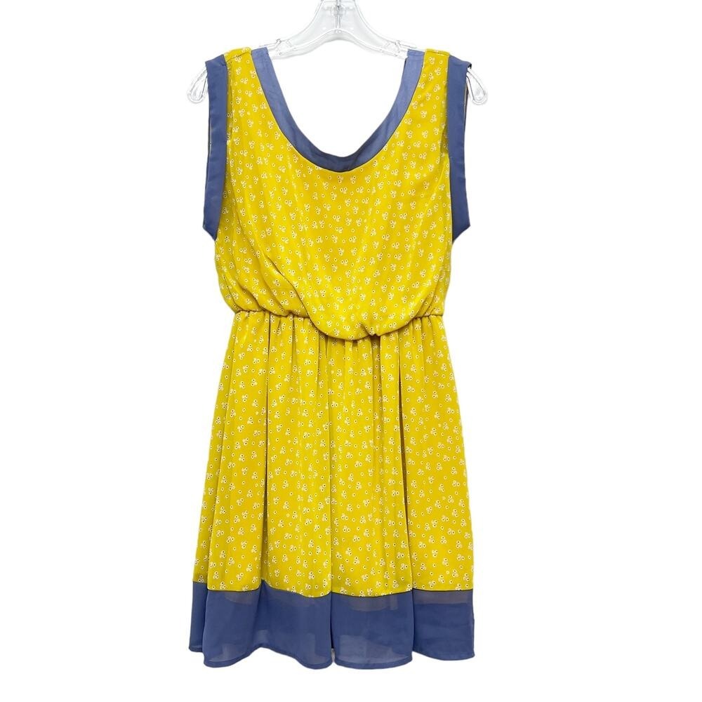 Lush Yellow Floral Print Sleeveless Dress Blue Trim Lightweight Summer Women's S